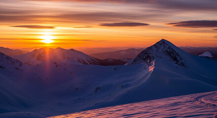 Majestic sunset over snowy mountain range, with the sun casting a warm glow on the peaks and creating a breathtaking winter landscape