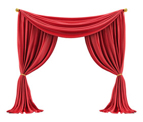 Red velvet curtains tied back with tassels, isolated on transparent background
