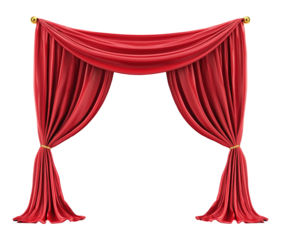 Red velvet curtains tied back with tassels, isolated on transparent background