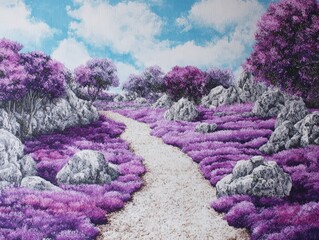Vibrant purple lavender field with winding dirt path through blooming bushes and trees on a sunny day with blue sky and white clouds