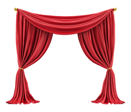 Red velvet curtains tied back with tassels, isolated on transparent background