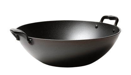 Black wok bowl with dual handles, isolated on transparent background