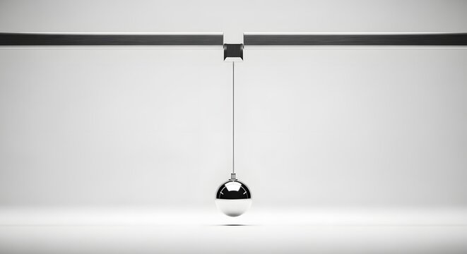 A single metallic pendulum sphere hanging motionless in a bright, minimalist studio, symbolizing balance, time, and precision