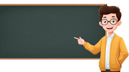 Cartoon boy teacher points to empty chalkboard