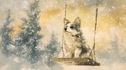 Cute illustration of dog sitting on a swing in snowy forest during winter season  