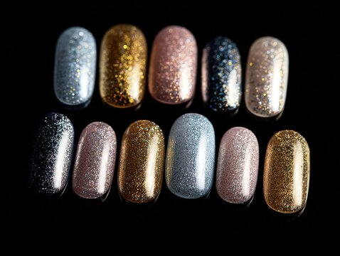 Elegant nail art design featu ten polished nails with glitter and metallic finishes in gold silver pink and blue colors on black background