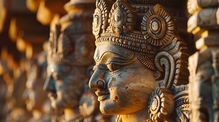 Fototapeta premium Ornate Wooden Sculptures in Warm Evening Light Cultural Craftsmanship
