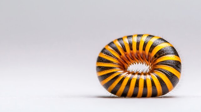 A curled up millipede with black and yellow stripes isolated on white background