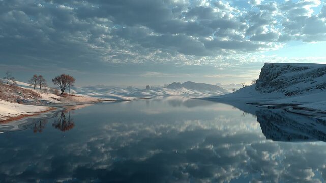 a lake covered on soft swathes of lake and snow