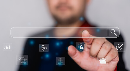 AI Search Engine Technology Concept. A person interacts with search bar AI Search, representing...