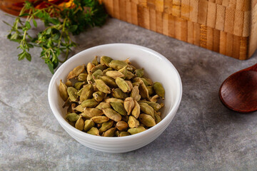 Green dry cardamom heap spices aroma