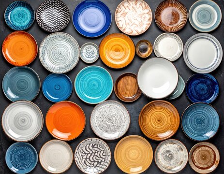 Diverse collection of colorful patterned and plain ceramic plates.
