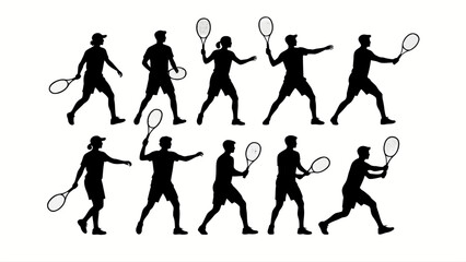 Silhouette of tennis players' body movements, a collection of vector illustrations