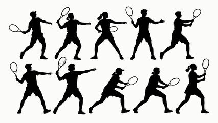 Silhouette of tennis players' body movements, a collection of vector illustrations