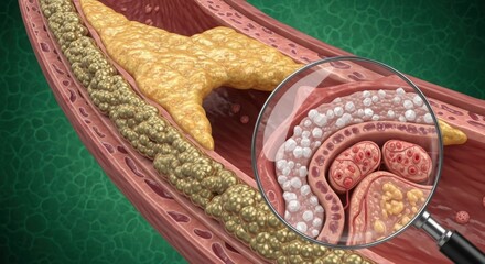 Artery atherosclerosis with plaque buildup and cholesterol deposits