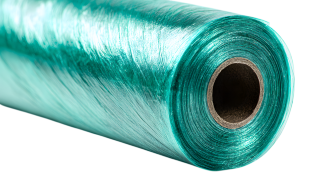 Close up of a roll of translucent teal plastic sheeting.