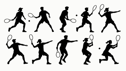 Silhouette of tennis players' body movements, a collection of vector illustrations
