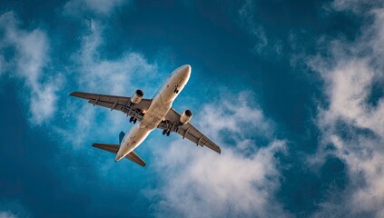 Naklejka premium Airplane soaring through a vibrant blue sky with fluffy white clouds