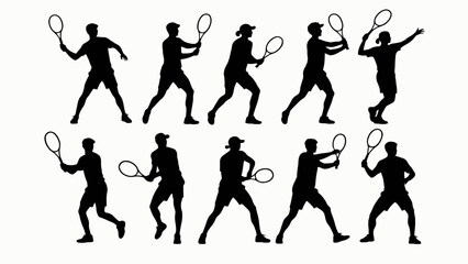 Silhouette of tennis players' body movements, a collection of vector illustrations