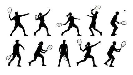 Silhouette of tennis players' body movements, a collection of vector illustrations