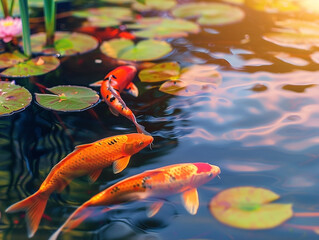 Obraz premium Tranquil Koi Pond Scene with Vibrant Fish and Lily Pads Reflecting Sunlight