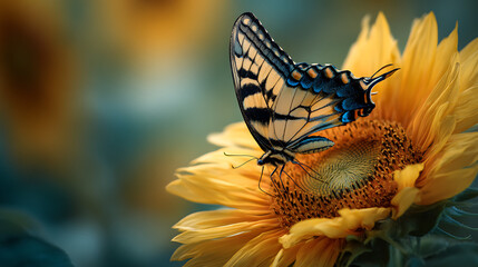 A vibrant butterfly sipping nectar from a sunflower (3)