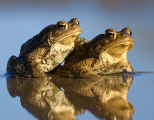 Two Frogs Resting on a Calm Water Surface