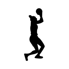 Black vector silhouette illustration of a woman shooting a basketball