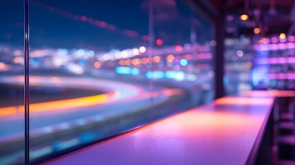 Obraz premium Motorsport VIP suite blurred racetrack night glow through glass