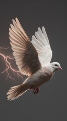 A white dove in flight, wings outstretched, against a backdrop of dramatic lightning, evokes a sense of freedom and divine intervention.