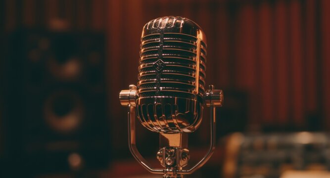 Chrome vintage microphone on stage, speaker in background, soft lighting - Powered by Adobe