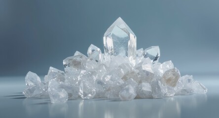 Clear quartz crystals, a point on top, glistening on a smooth, light grey surface