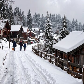 Snowy village street scene with people walking, snow-covered houses and evergreen trees