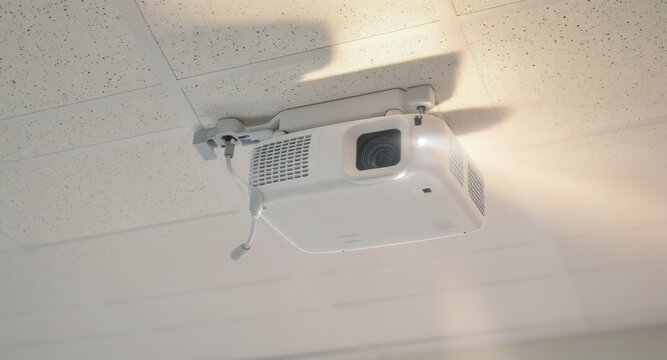 Ceiling mounted white projector casting bright light in a tiled room