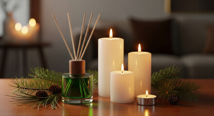 Candlelit serenity aromatic diffuser and flickering candles create a tranquil ambiance for relaxation, perfect for a cozy and inviting home decor setting