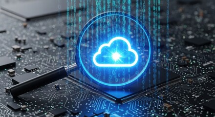 Cloud computing security on circuit board with magnifying glass