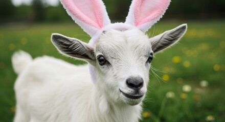 Obraz premium Goat with easter bunny ears white animal with pink ears outdoors