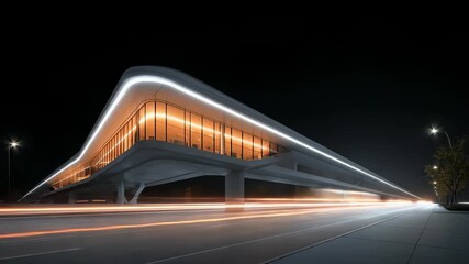 Futuristic Modern Architecture with Car Light Trails