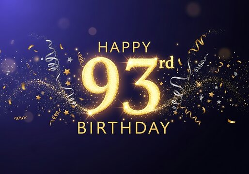 "Happy 93rd Birthday" Golden Glitter Typography with Confetti on Blue Background