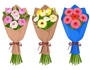 Vibrant flower bouquets in assorted wrapping styles