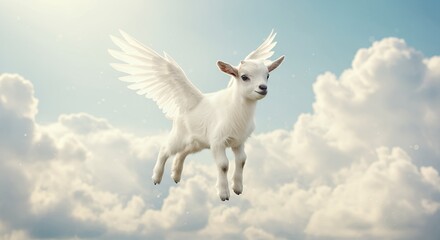 Whimsical flying goat in a cloudscape fantasy creature dreamlike sky conceptual imagery