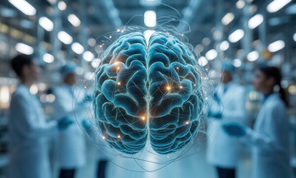 Glowing brain, surrounded by scientists in lab - Powered by Adobe