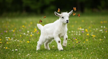 Obraz premium White goat kid in grassy meadow with butterflies