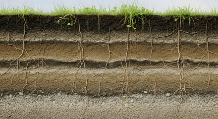 Cross-section of soil layers showing grass roots extending deep into the earth