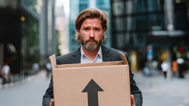 Business Man's Downfall: A dejected business man, clutching a cardboard box with a single upward arrow, faces the camera against an urban backdrop of towering glass buildings.