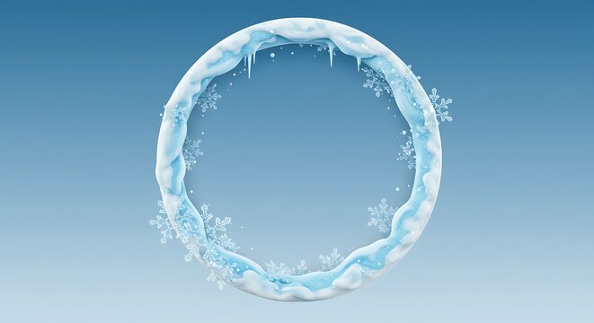 Frozen ice ring frame with snowflakes and icicles on blue gradient background
