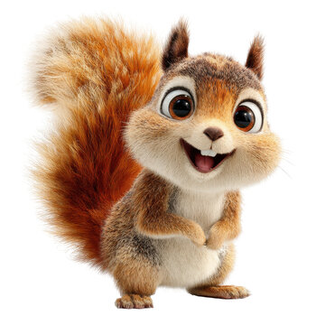 Cute cartoon squirrel with big eyes and bushy tail, isolated on transparent background