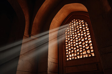 Ancient stone window with intricate lattice design allowing warm sunlight beams to stream through, creating serene and mystical atmosphere inside historic building