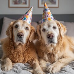 Two golden retrievers covered in glitter wearing festive party hats