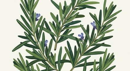 Obraz premium Botanical Illustration of Rosemary Sprigs and Small Blue Flowers on Cream Background